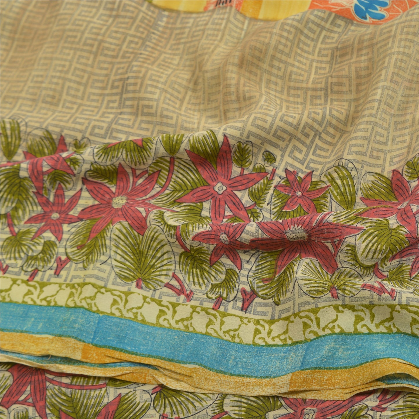 Sanskriti Vintage Sarees Multi Pure Crepe Silk Printed Sari Soft Craft Sustainable Fabric