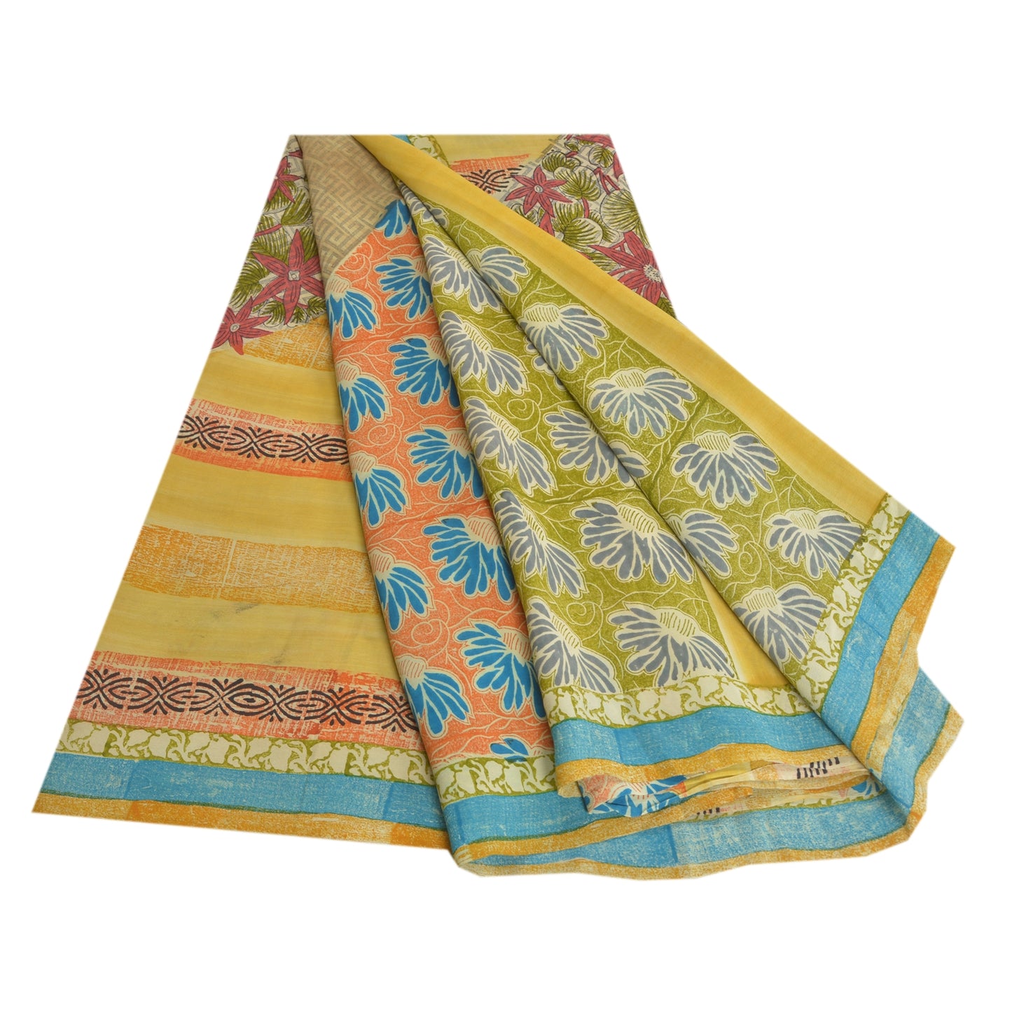 Sanskriti Vintage Sarees Multi Pure Crepe Silk Printed Sari Soft Craft Sustainable Fabric
