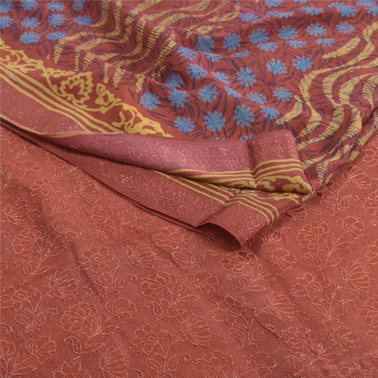 Sanskriti Vintage Sarees Dark Red Pure Crepe Silk Woven Print Sari Craft Sustainable Fabric