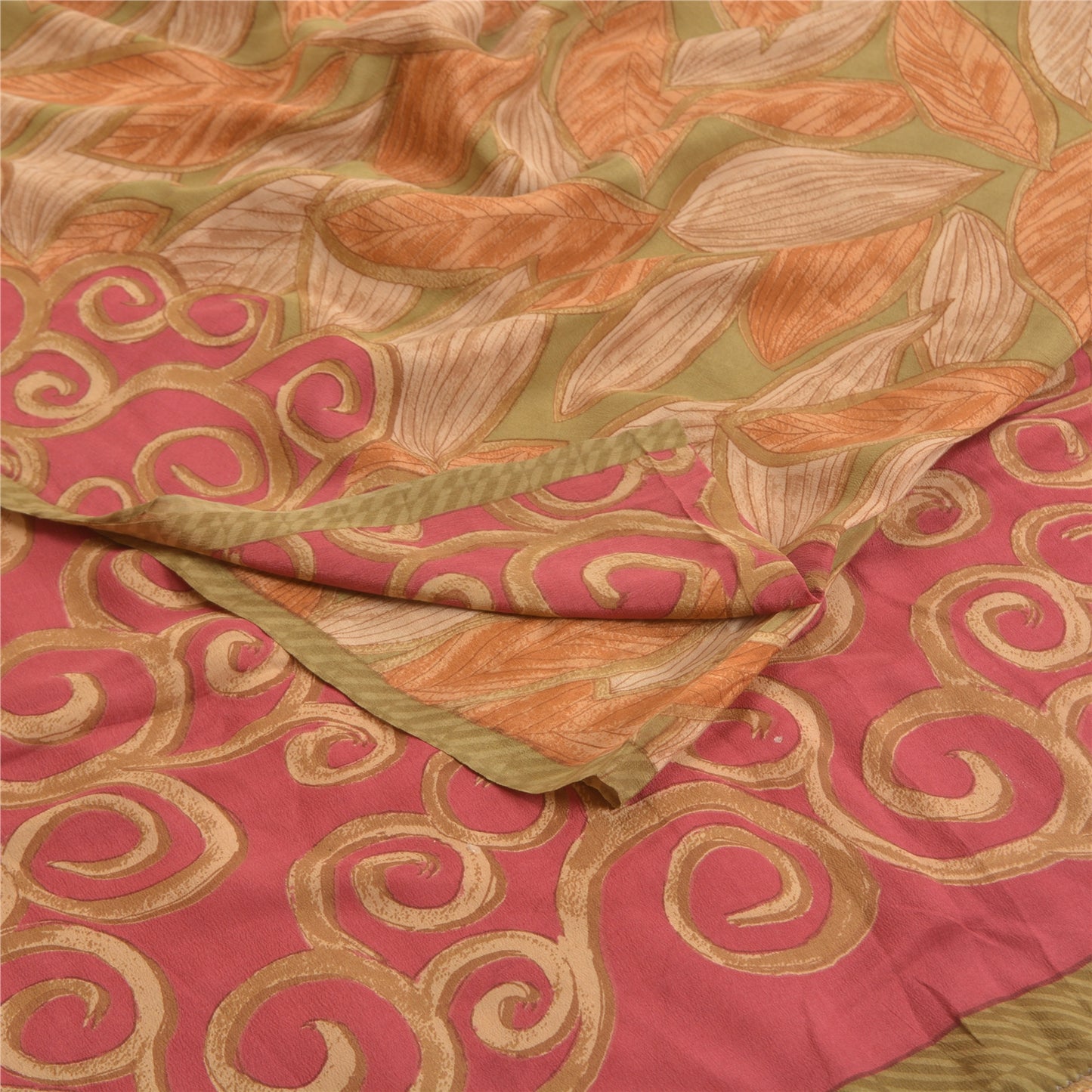 Sanskriti Vintage Sarees Green Pure Crepe Silk Leaf Printed Sari Craft Sustainable Fabric