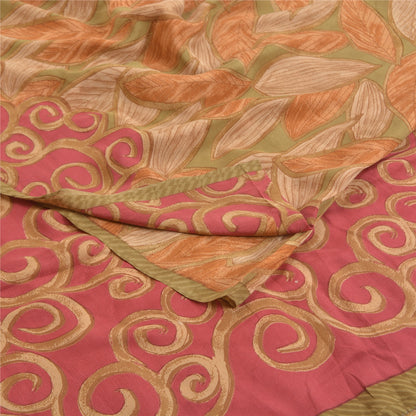 Sanskriti Vintage Sarees Green Pure Crepe Silk Leaf Printed Sari Craft Sustainable Fabric