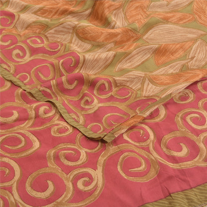 Sanskriti Vintage Sarees Green Pure Crepe Silk Leaf Printed Sari Craft Sustainable Fabric