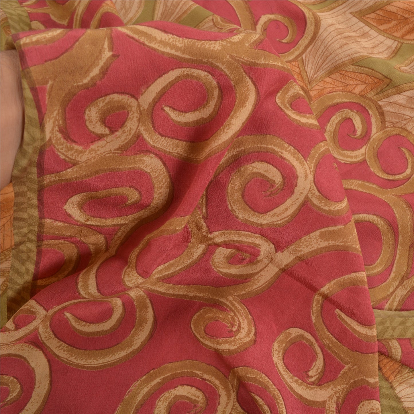 Sanskriti Vintage Sarees Green Pure Crepe Silk Leaf Printed Sari Craft Sustainable Fabric