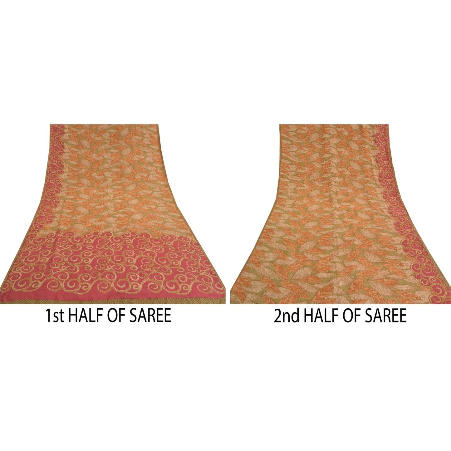 Sanskriti Vintage Sarees Green Pure Crepe Silk Leaf Printed Sari Craft Sustainable Fabric