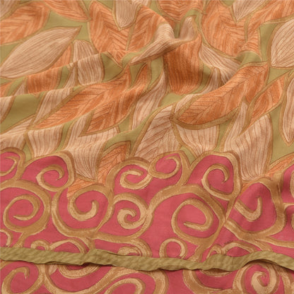 Sanskriti Vintage Sarees Green Pure Crepe Silk Leaf Printed Sari Craft Sustainable Fabric