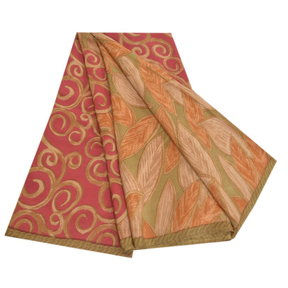Sanskriti Vintage Sarees Green Pure Crepe Silk Leaf Printed Sari Craft Sustainable Fabric