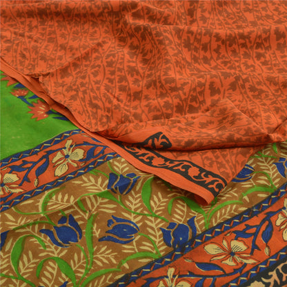 Sanskriti Vintage Sarees Orange Indian Pure Crepe Silk Sari Floral Craft Sustainable Fabric