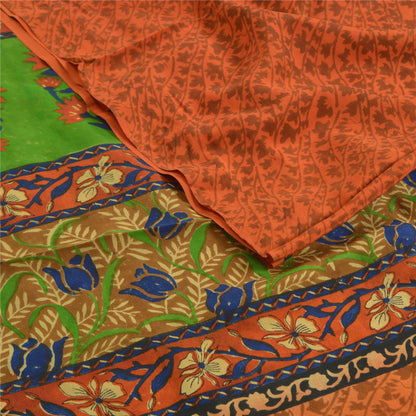Sanskriti Vintage Sarees Orange Indian Pure Crepe Silk Sari Floral Craft Sustainable Fabric