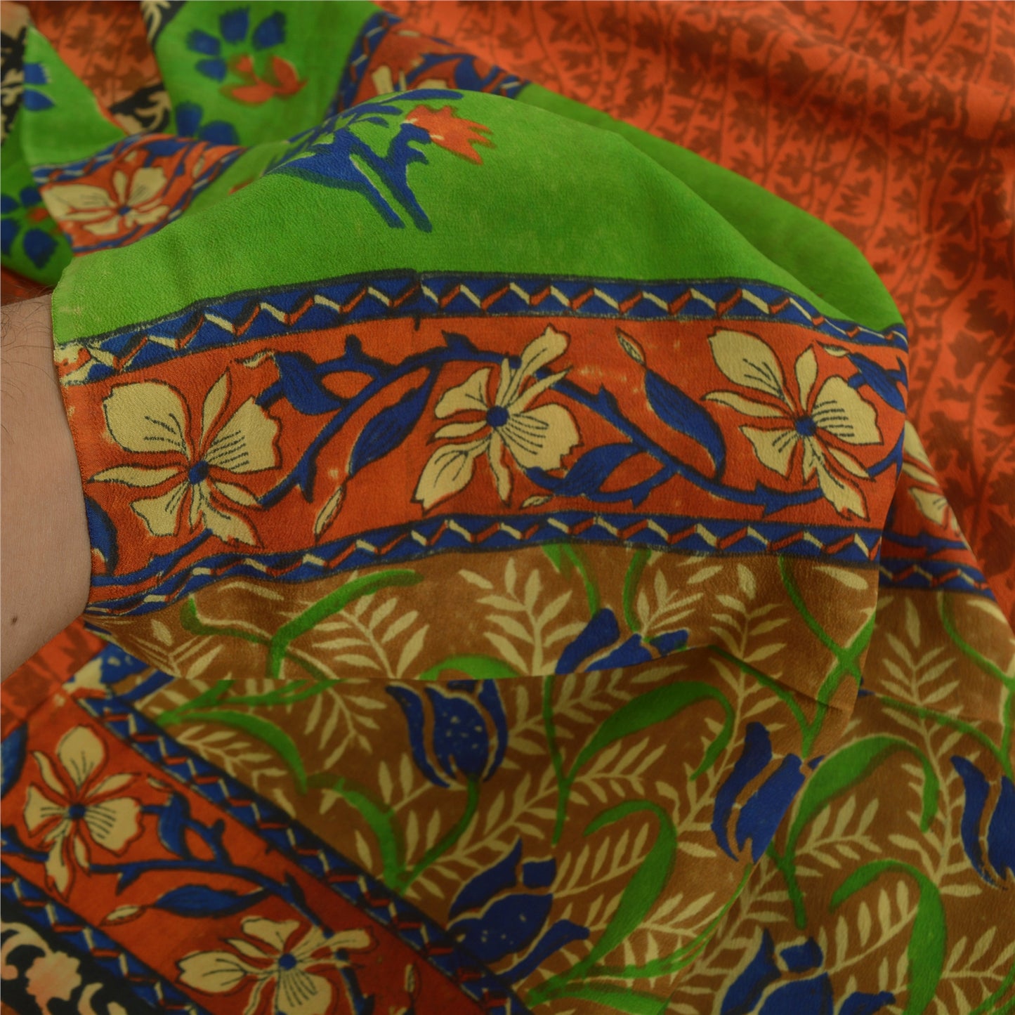 Sanskriti Vintage Sarees Orange Indian Pure Crepe Silk Sari Floral Craft Sustainable Fabric