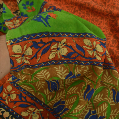 Sanskriti Vintage Sarees Orange Indian Pure Crepe Silk Sari Floral Craft Sustainable Fabric