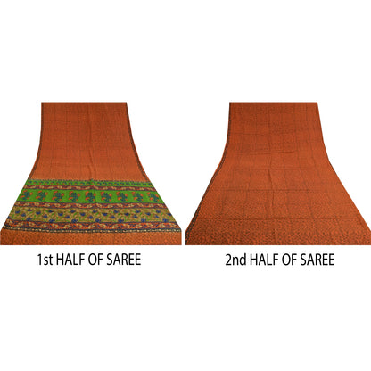 Sanskriti Vintage Sarees Orange Indian Pure Crepe Silk Sari Floral Craft Sustainable Fabric