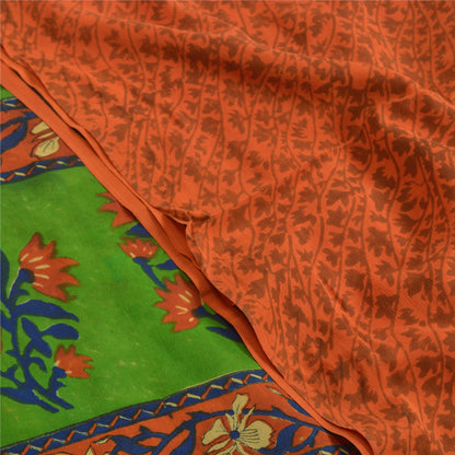 Sanskriti Vintage Sarees Orange Indian Pure Crepe Silk Sari Floral Craft Sustainable Fabric
