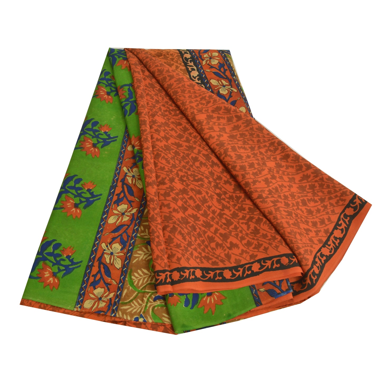Sanskriti Vintage Sarees Orange Indian Pure Crepe Silk Sari Floral Craft Sustainable Fabric