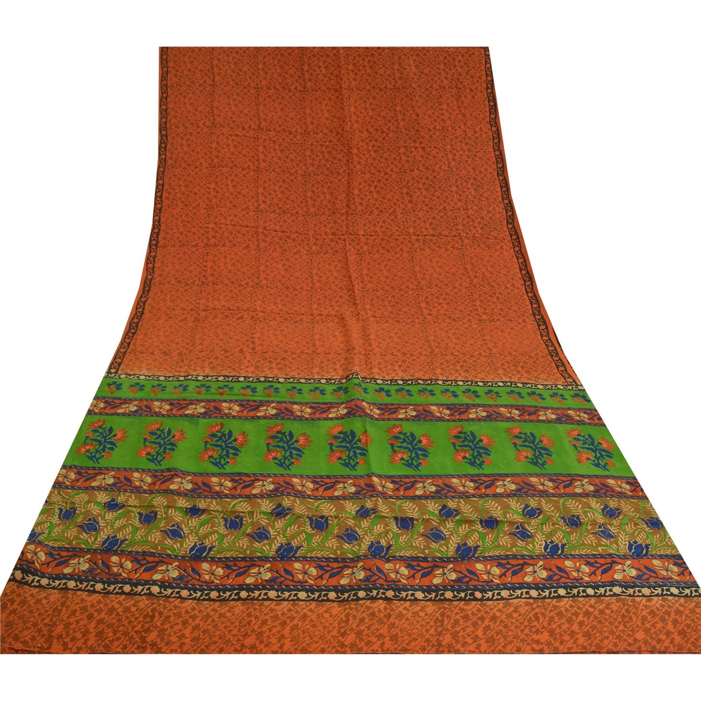 Sanskriti Vintage Sarees Orange Indian Pure Crepe Silk Sari Floral Craft Sustainable Fabric