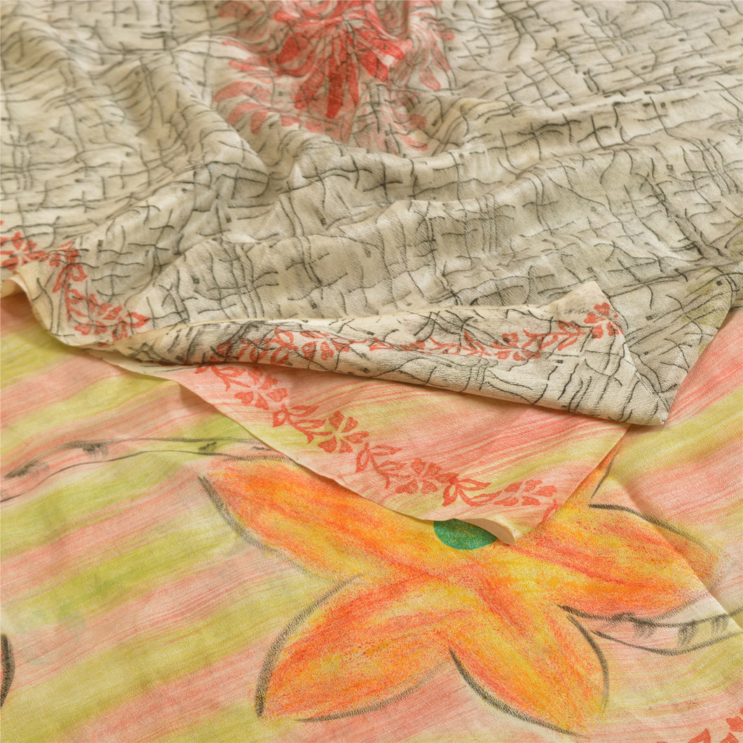 Sanskriti Vintage Indian Sarees 100% Pure Crepe Silk Printed Sari Craft Fabric