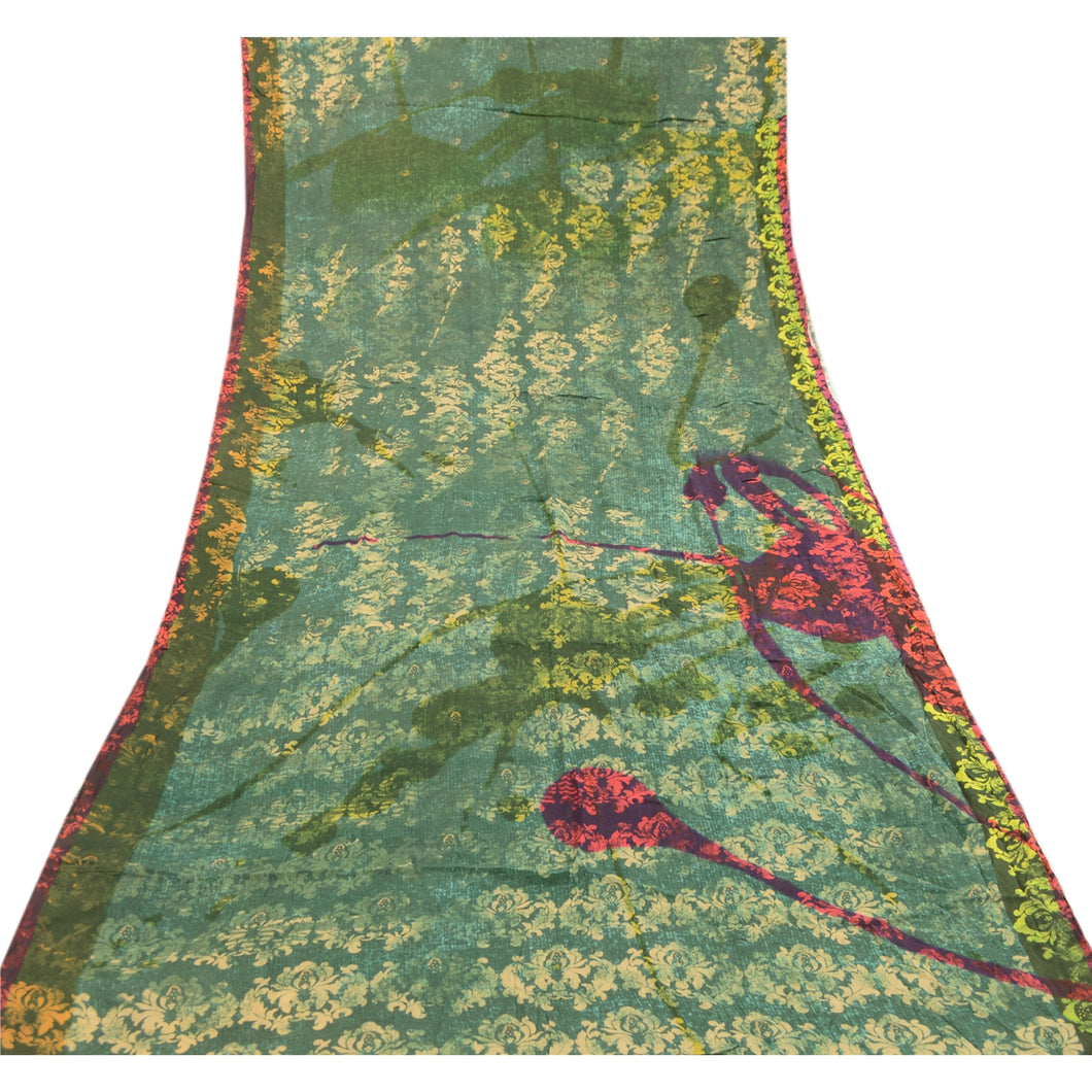 Sanskriti Vintage Green Sarees Indian Blend Georgette Printed Sari Craft Fabric