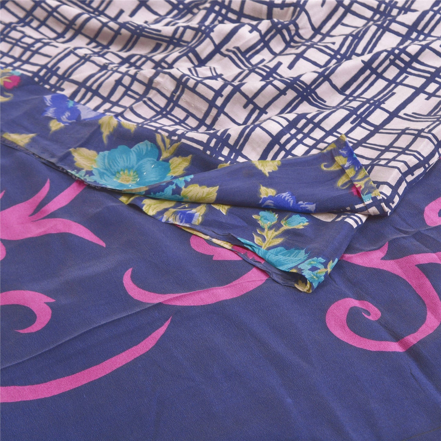 Sanskriti Vintage Blue Sarees 100% Pure Crepe Silk Printed Sari Craft Sustainable Fabric