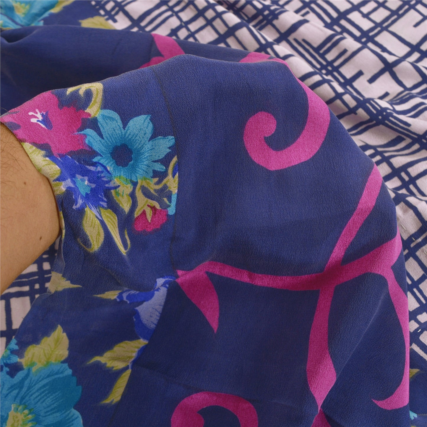 Sanskriti Vintage Blue Sarees 100% Pure Crepe Silk Printed Sari Craft Sustainable Fabric