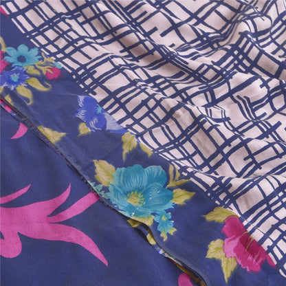 Sanskriti Vintage Blue Sarees 100% Pure Crepe Silk Printed Sari Craft Sustainable Fabric