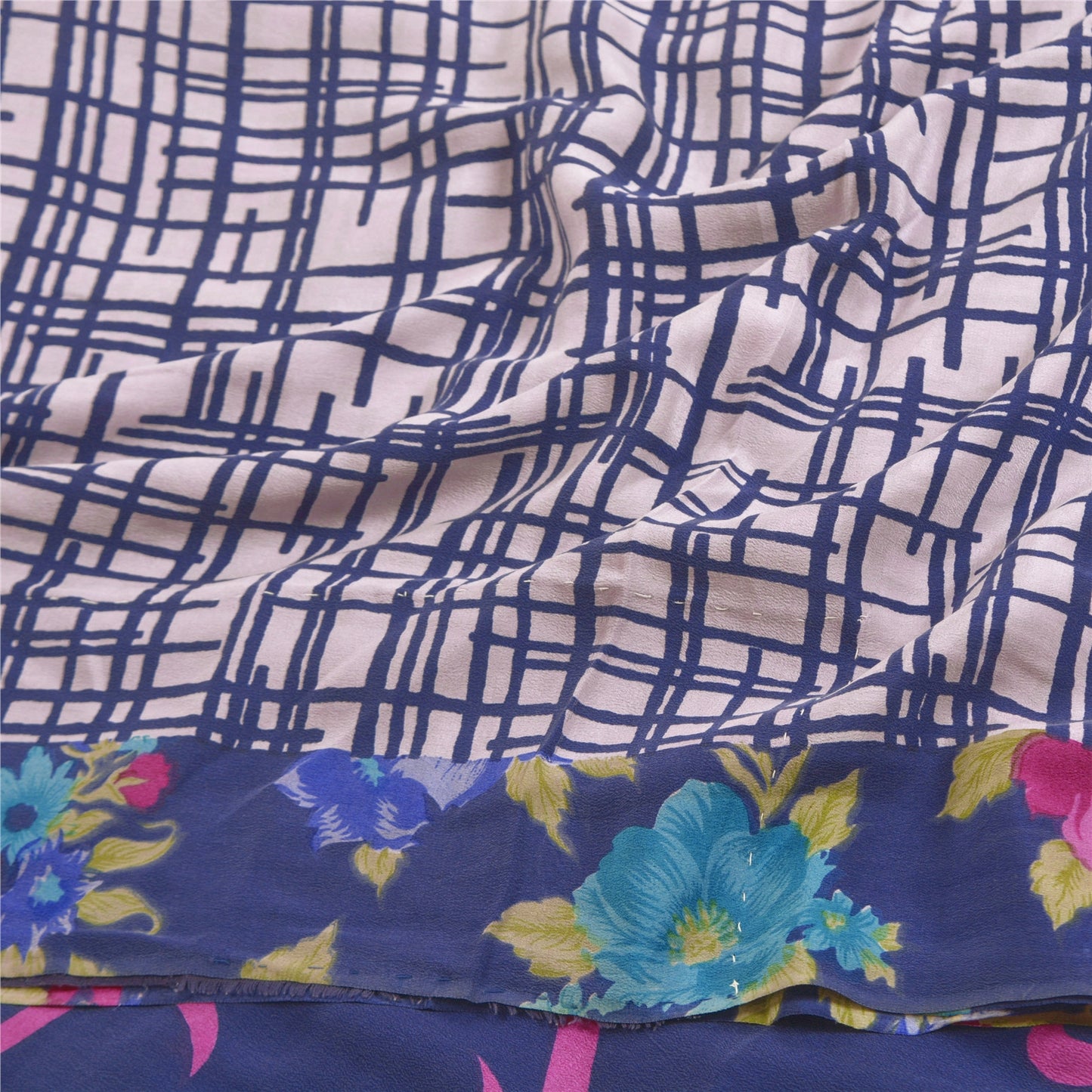 Sanskriti Vintage Blue Sarees 100% Pure Crepe Silk Printed Sari Craft Sustainable Fabric