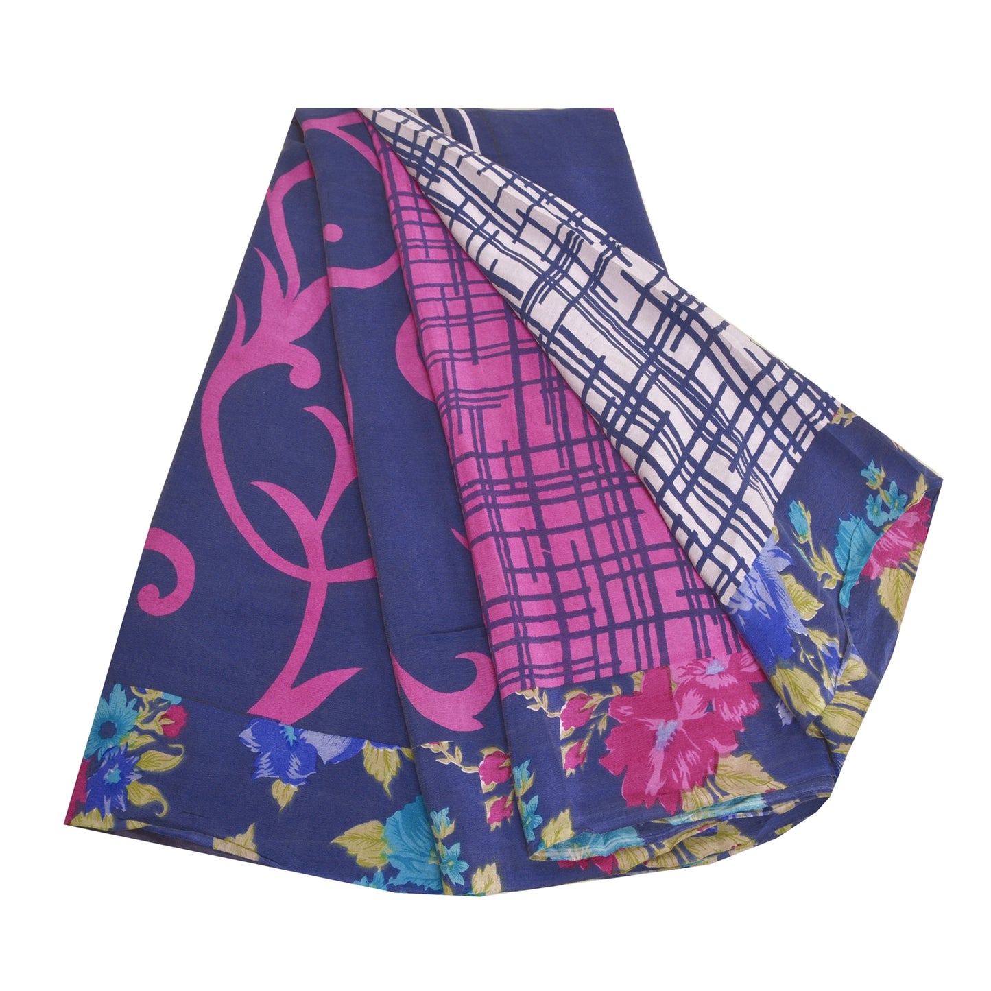 Sanskriti Vintage Blue Sarees 100% Pure Crepe Silk Printed Sari Craft Sustainable Fabric