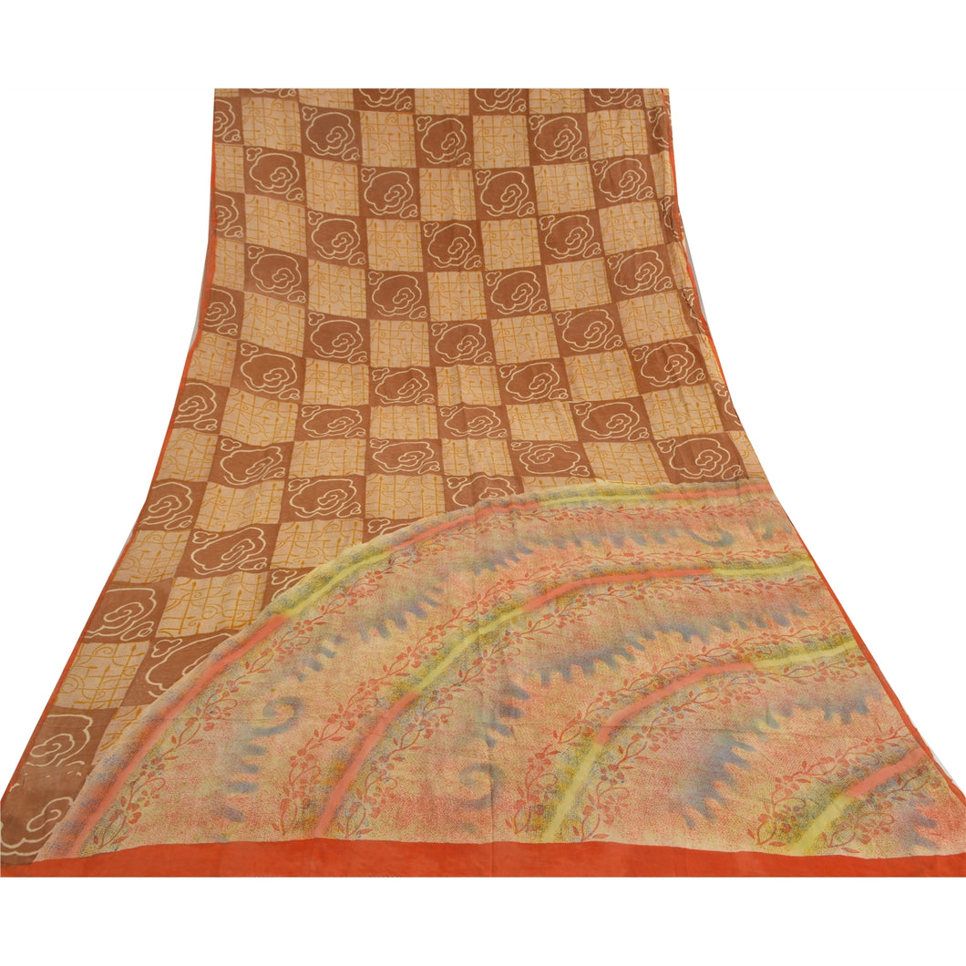 Sanskriti Vintage Sarees Brown Pure Crepe Silk Printed Sari Floral Craft Fabric