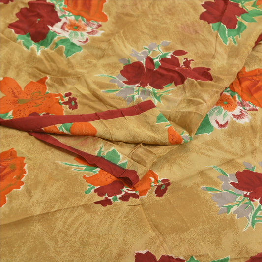 Sanskriti Vintage Sarees Indian Beige Pure Crepe Silk Printed Sari Craft Sustainable Fabric
