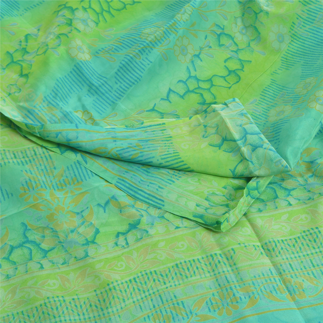 Sanskriti Vintage Sarees Green Pure Crepe Silk Printed Sari Floral Craft Fabric