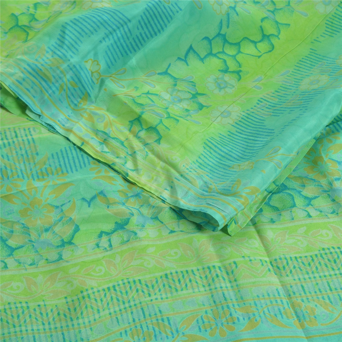 Sanskriti Vintage Sarees Green Pure Crepe Silk Printed Sari Floral Craft Sustainable Fabric
