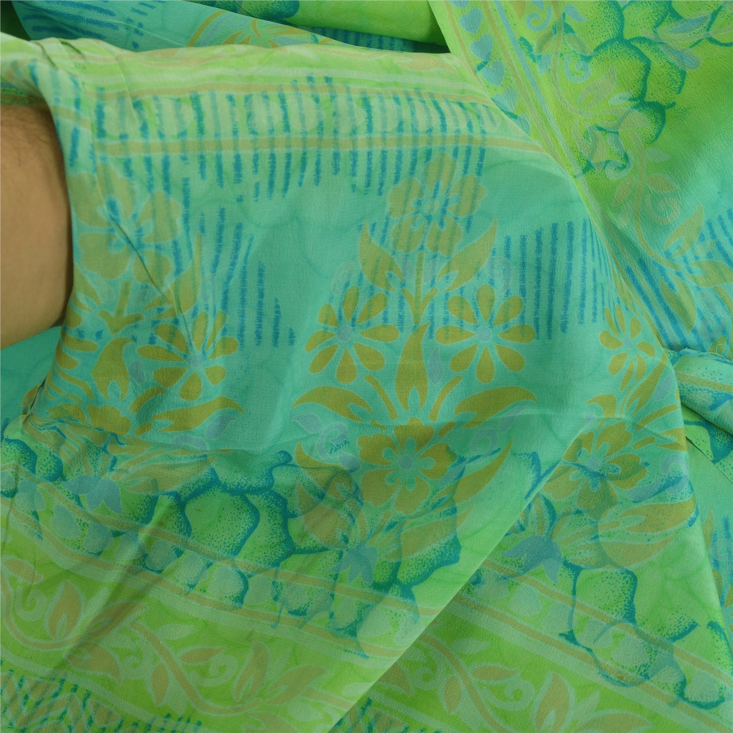 Sanskriti Vintage Sarees Green Pure Crepe Silk Printed Sari Floral Craft Sustainable Fabric