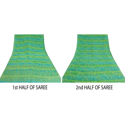 Sanskriti Vintage Sarees Green Pure Crepe Silk Printed Sari Floral Craft Sustainable Fabric