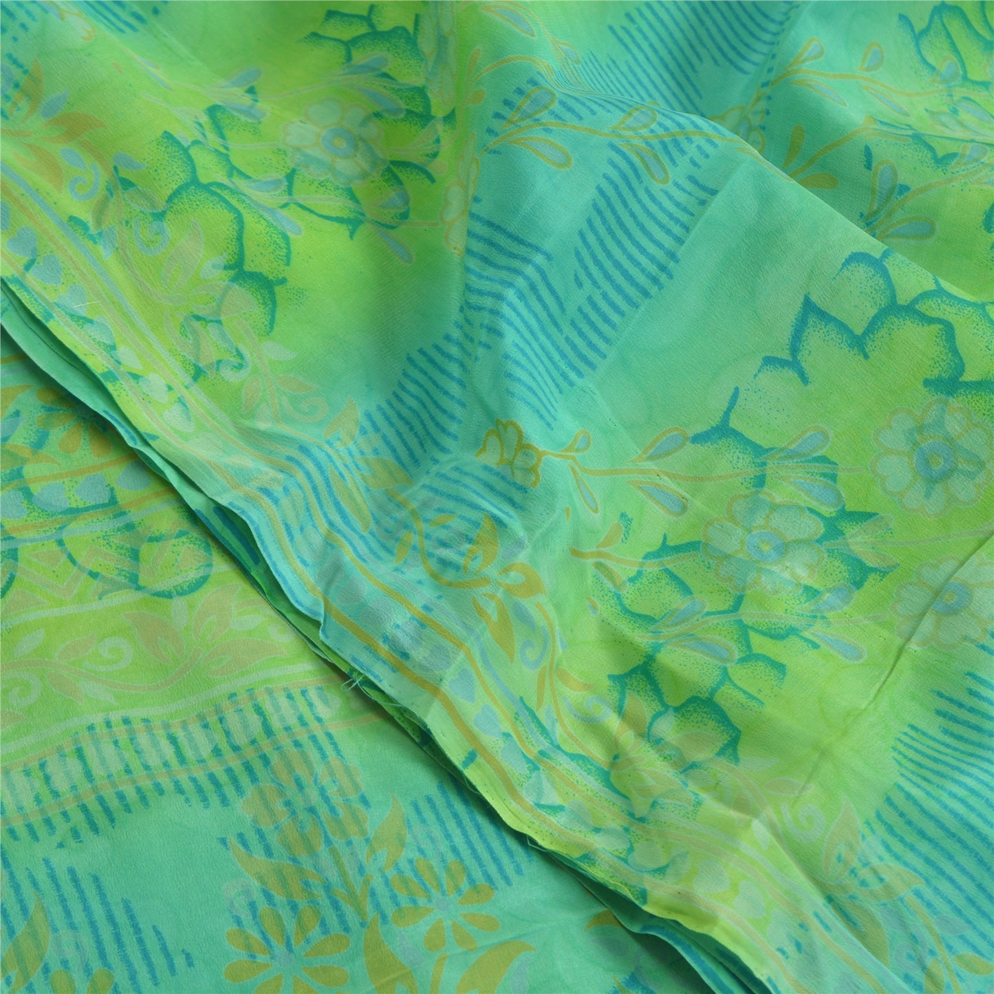 Sanskriti Vintage Sarees Green Pure Crepe Silk Printed Sari Floral Craft Sustainable Fabric