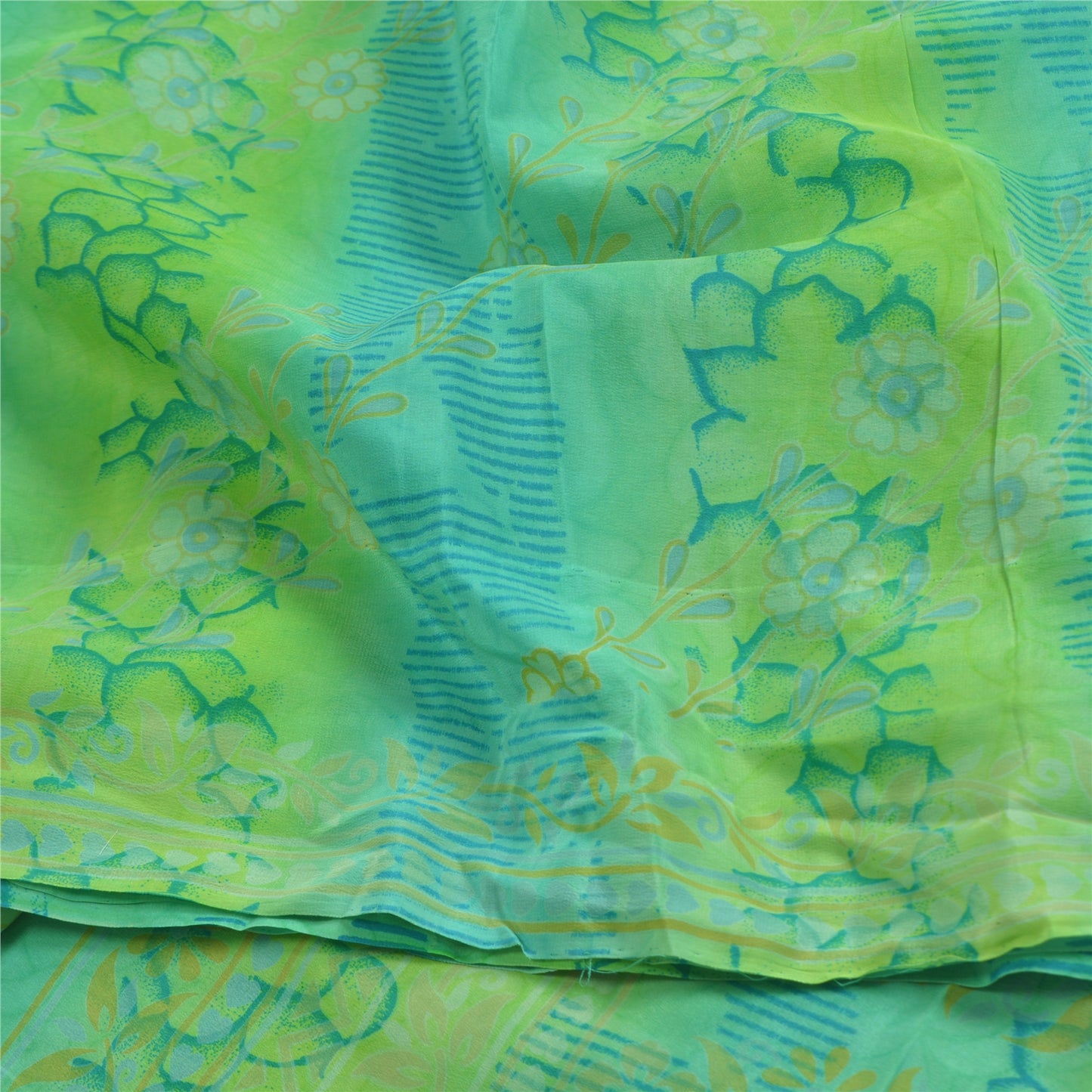 Sanskriti Vintage Sarees Green Pure Crepe Silk Printed Sari Floral Craft Sustainable Fabric