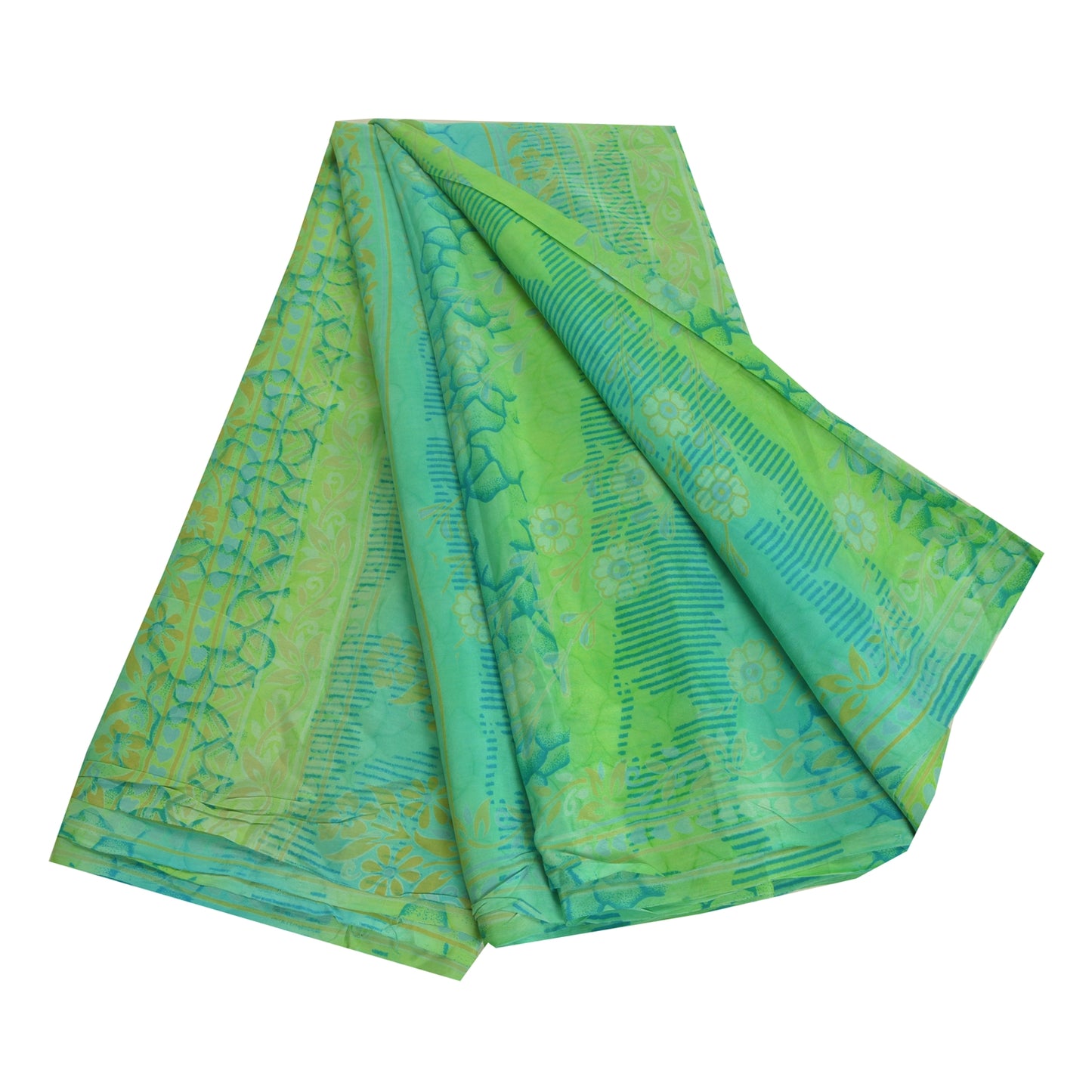 Sanskriti Vintage Sarees Green Pure Crepe Silk Printed Sari Floral Craft Sustainable Fabric