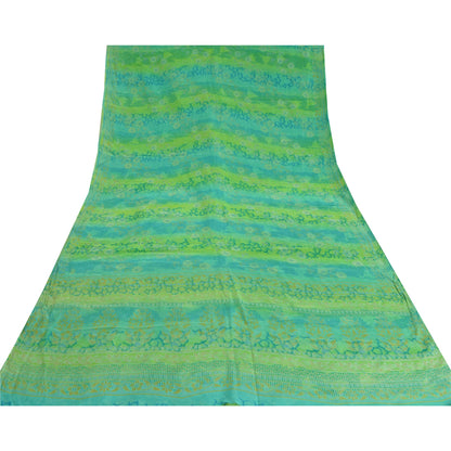 Sanskriti Vintage Sarees Green Pure Crepe Silk Printed Sari Floral Craft Sustainable Fabric