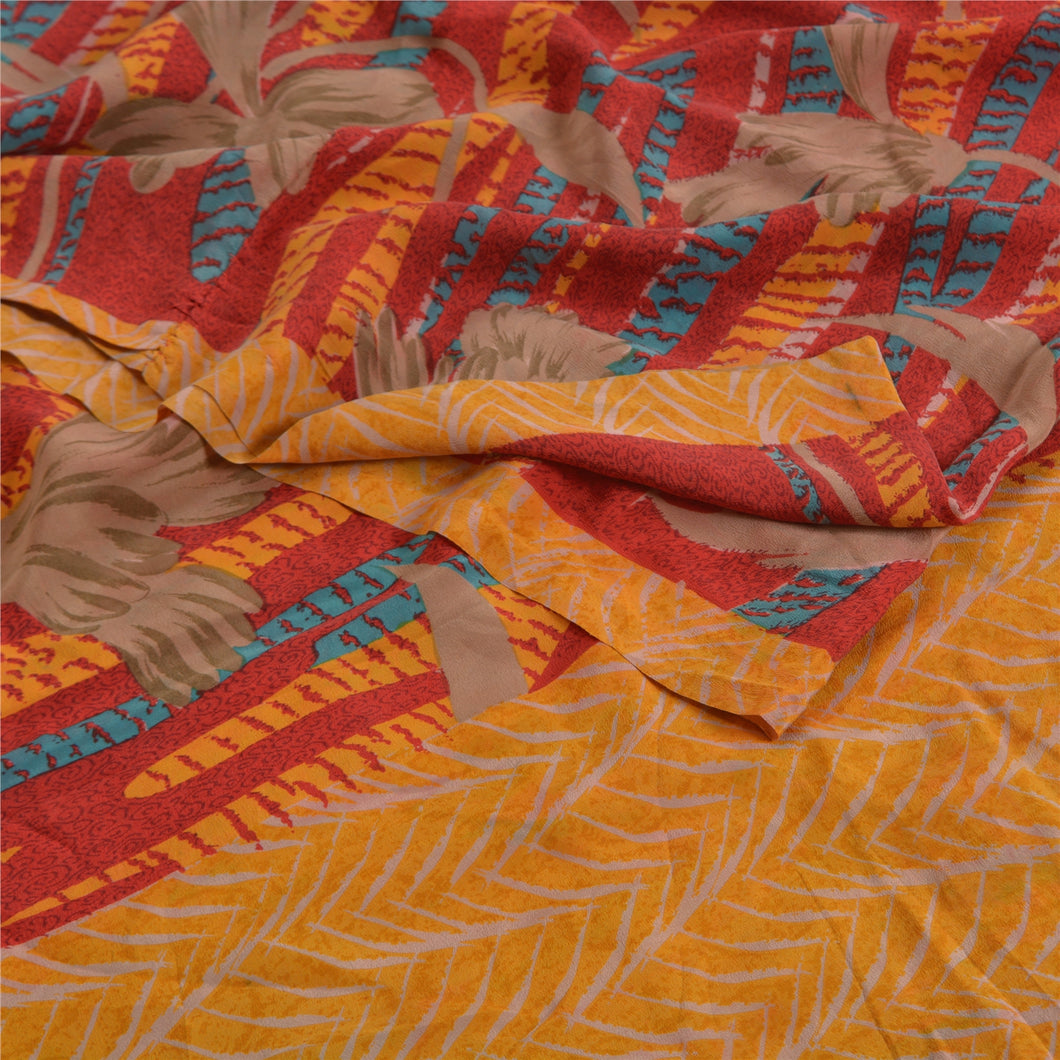 Sanskriti Vintage Sarees Dark Red Pure Crepe Silk Printed Sari 5yd Craft Fabric