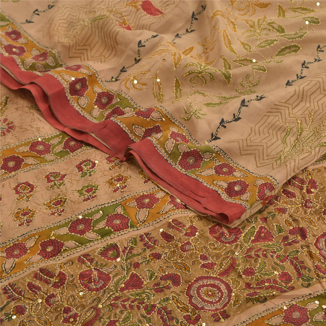 Sanskriti Vintage Sarees Brown Hand Beaded Kantha Pure Crepe Silk Sari Fabric