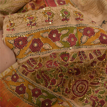 Load image into Gallery viewer, Sanskriti Vintage Sarees Brown Hand Beaded Kantha Pure Crepe Silk Sari Fabric
