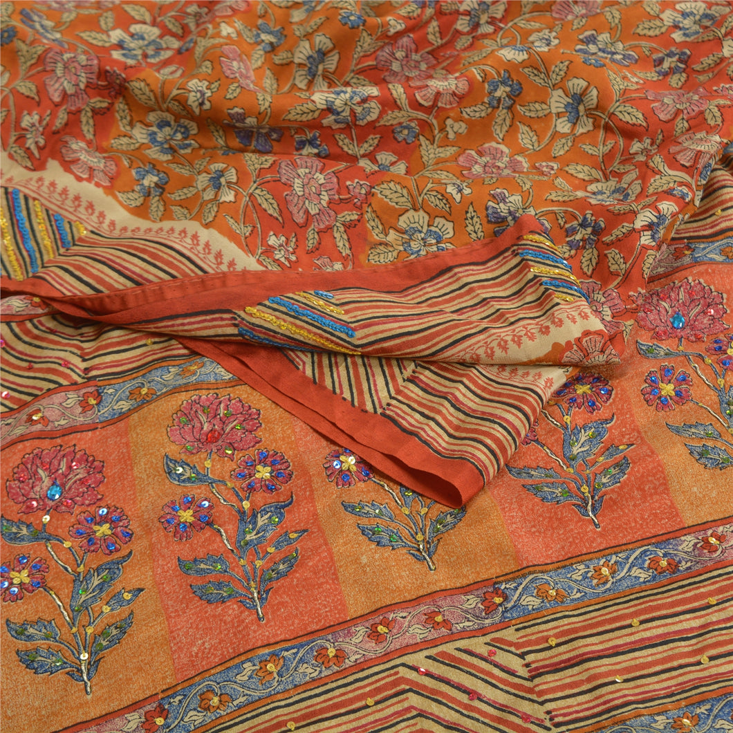 Sanskriti Vintage Sarees Orange Hand Beaded Pure Crepe Silk Sari Craft Fabric