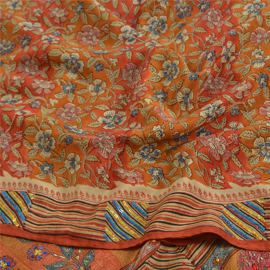 Sanskriti Vintage Sarees Orange Hand Beaded Pure Crepe Silk Sari Craft Sustainable Fabric