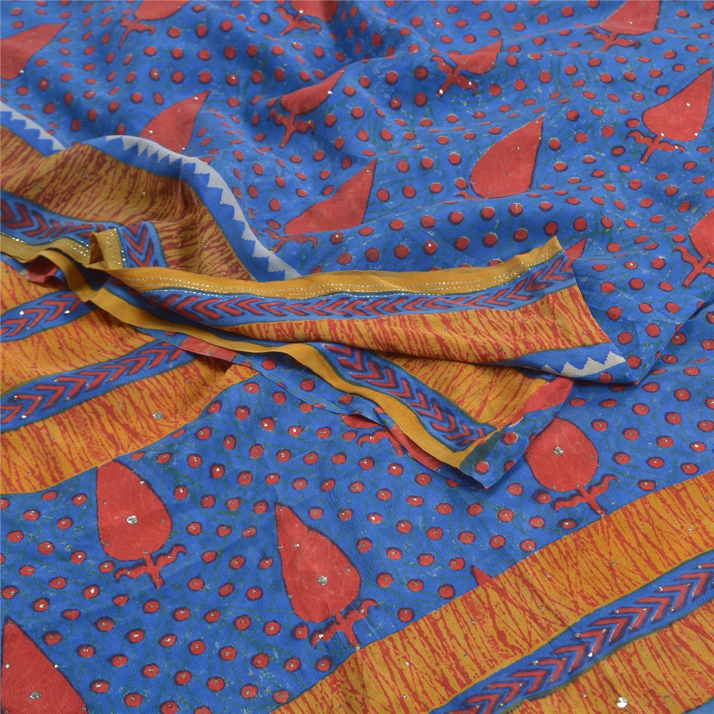 Sanskriti Vintage Sarees Blue Hand Beaded Pure Crepe Silk Sari Soft Craft Sustainable Fabric