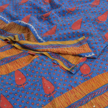 Sanskriti Vintage Sarees Blue Hand Beaded Pure Crepe Silk Sari Soft Craft Sustainable Fabric