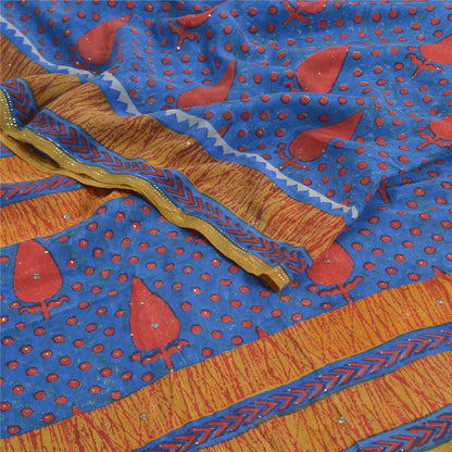 Sanskriti Vintage Sarees Blue Hand Beaded Pure Crepe Silk Sari Soft Craft Sustainable Fabric