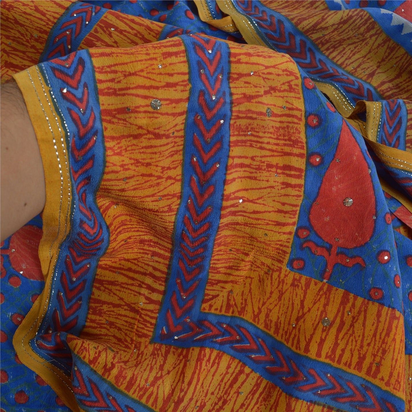 Sanskriti Vintage Sarees Blue Hand Beaded Pure Crepe Silk Sari Soft Craft Sustainable Fabric