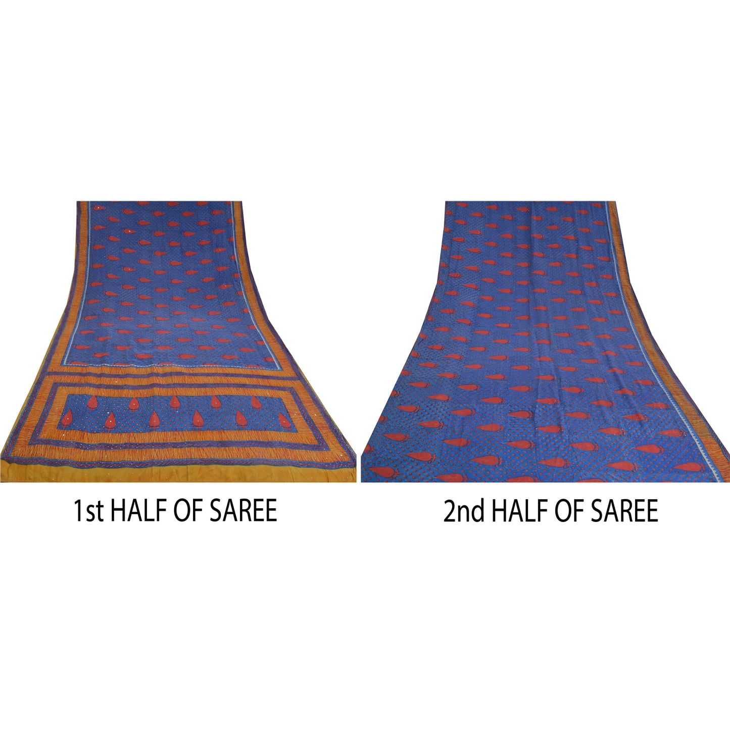 Sanskriti Vintage Sarees Blue Hand Beaded Pure Crepe Silk Sari Soft Craft Sustainable Fabric