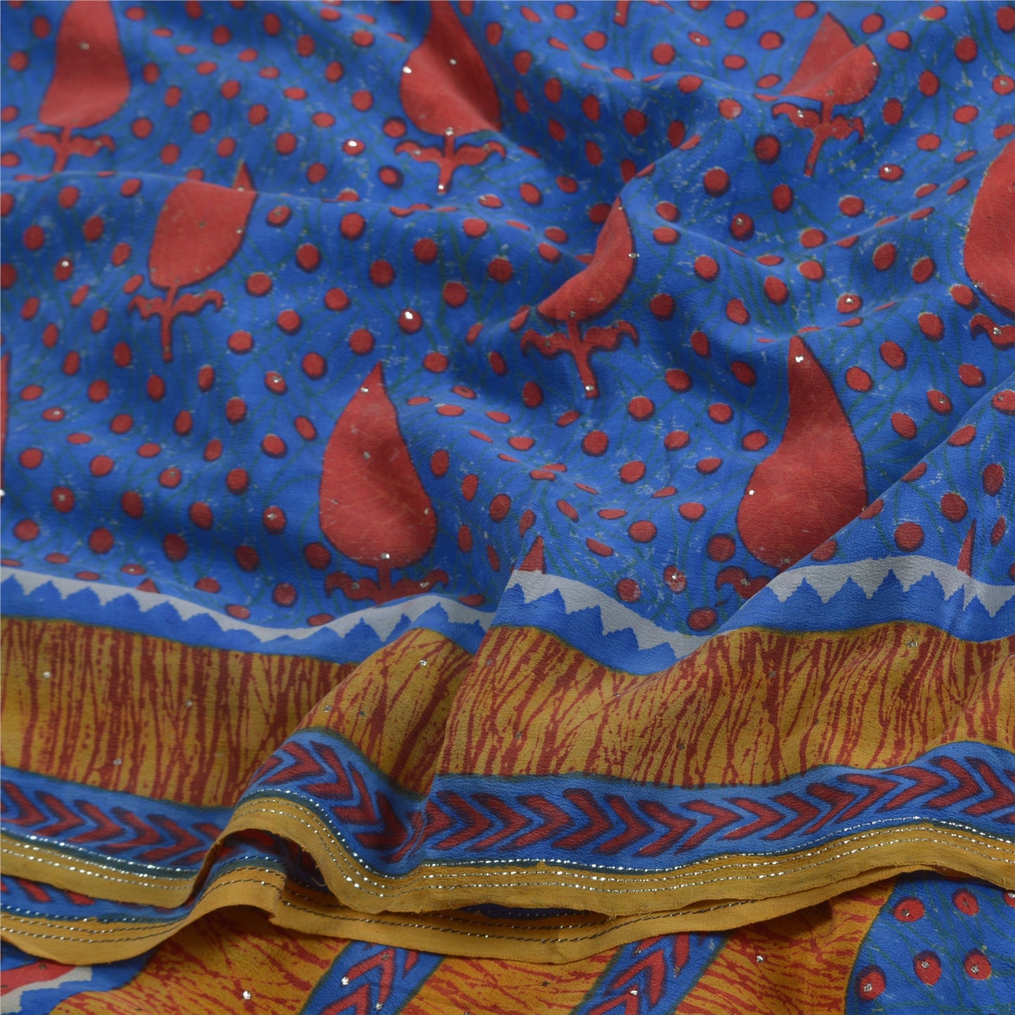 Sanskriti Vintage Sarees Blue Hand Beaded Pure Crepe Silk Sari Soft Craft Sustainable Fabric