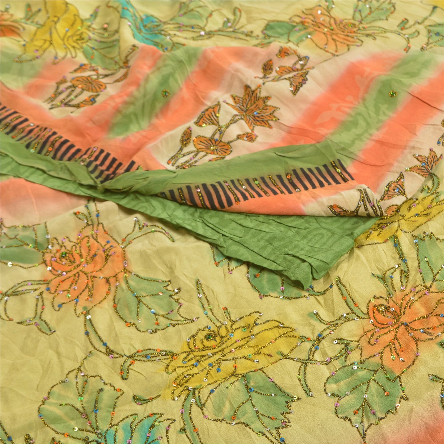 Sanskriti Vintage Sarees Green Hand Beaded Pure Crepe Silk Sari 5yd Craft Sustainable Fabric