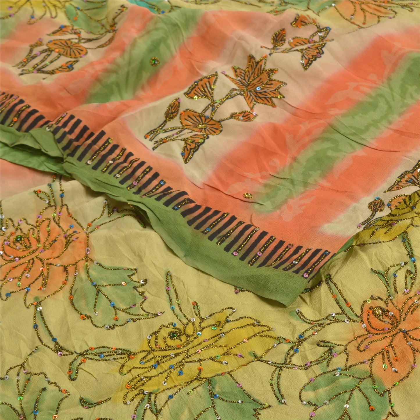 Sanskriti Vintage Sarees Green Hand Beaded Pure Crepe Silk Sari 5yd Craft Sustainable Fabric