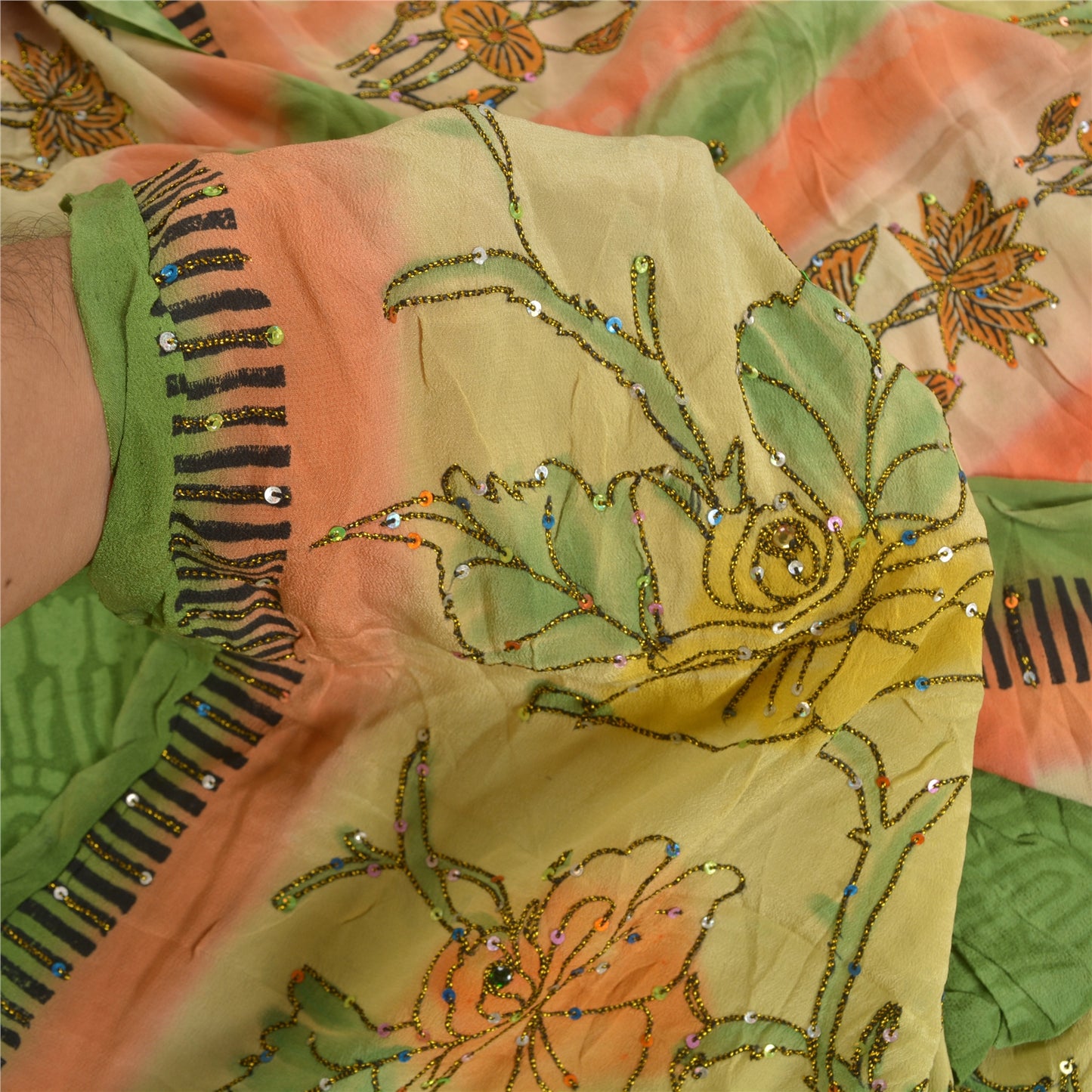 Sanskriti Vintage Sarees Green Hand Beaded Pure Crepe Silk Sari 5yd Craft Sustainable Fabric