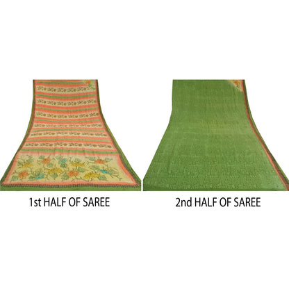 Sanskriti Vintage Sarees Green Hand Beaded Pure Crepe Silk Sari 5yd Craft Sustainable Fabric